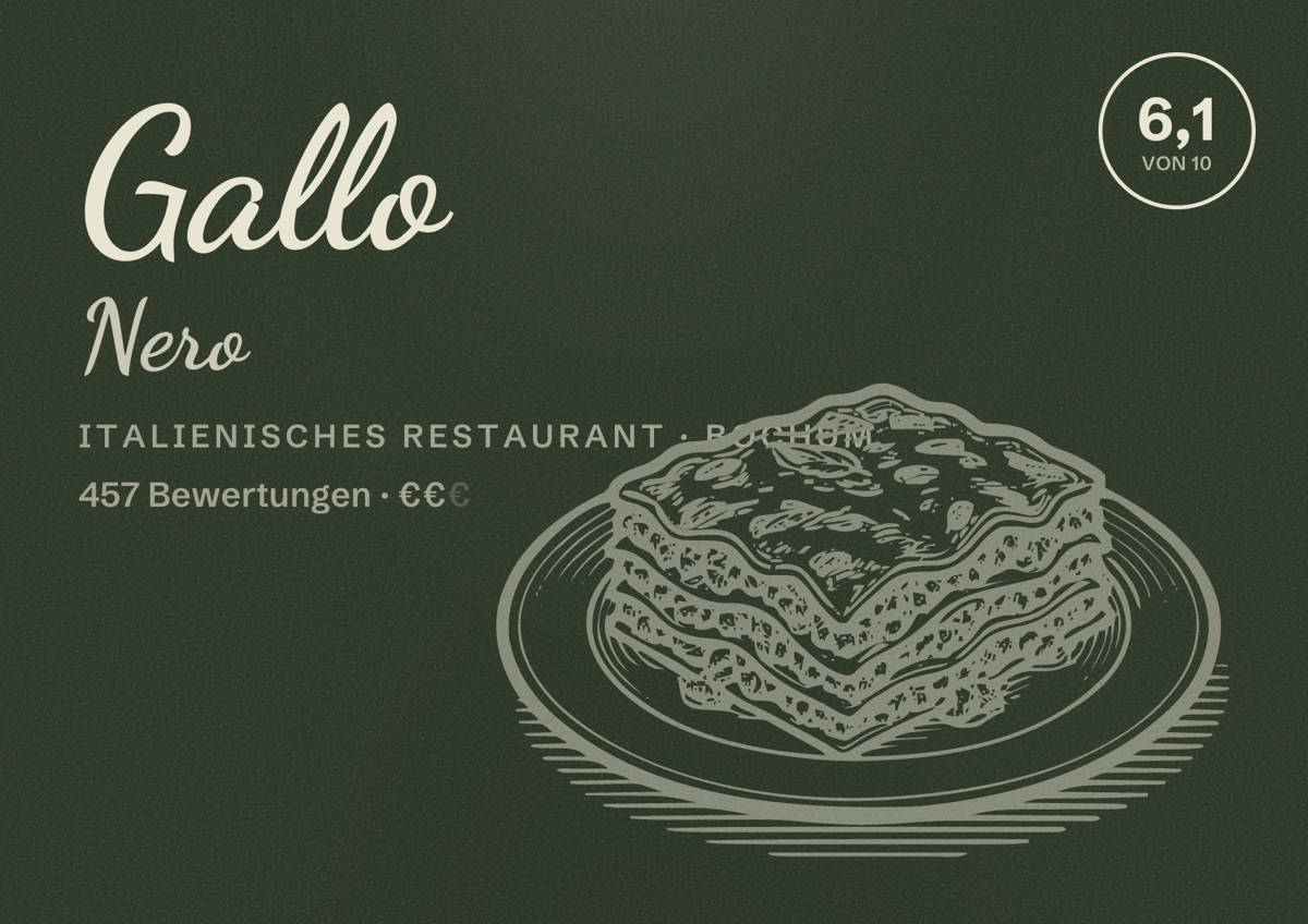 Illustriertes Poster von Gallo Nero, Italienisches Restaurant in Bochum: Gästebewertung 6,1 von 10 aus 457 Bewertungen