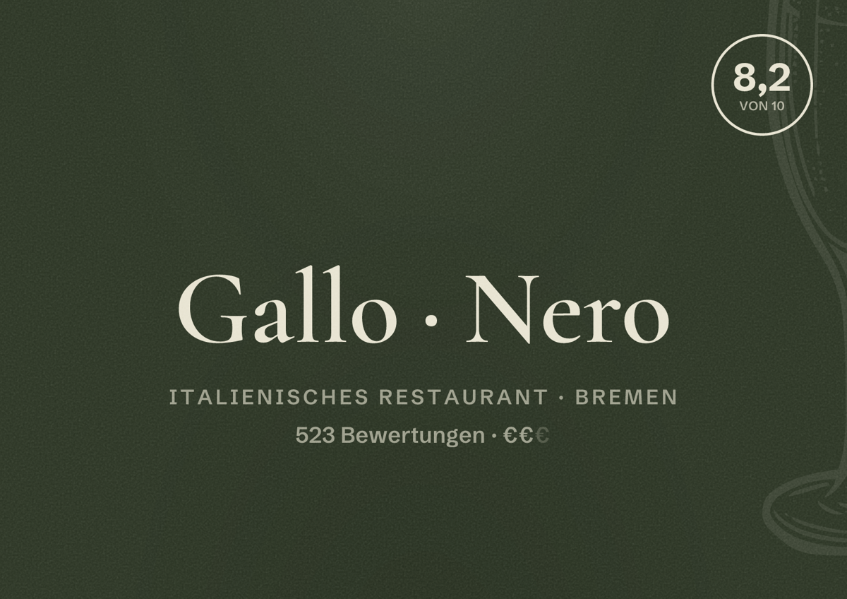 Illustriertes Poster von Gallo Nero, Italienisches Restaurant in Bremen: Bewertung 8,2 von 10 aus 523 Bewertungen, Preisniveau €€