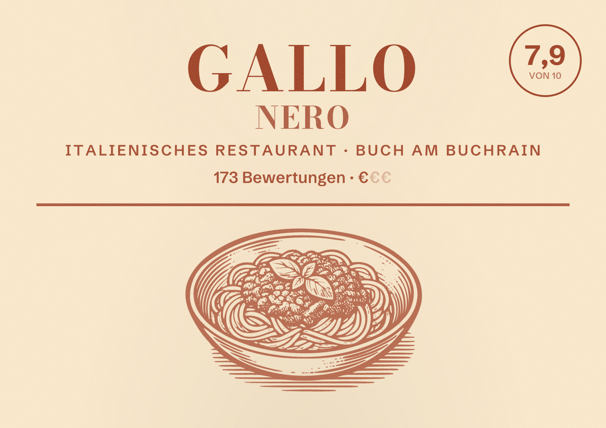Illustriertes Poster von Gallo Nero, Italienisches Restaurant in Buch am Buchrain: Bewertung 7,9 von 10 aus 173 Bewertungen, Preisniveau €