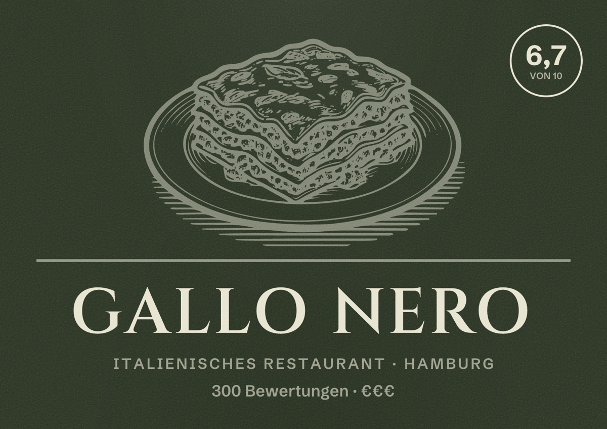 Illustriertes Poster von Gallo Nero, Italienisches Restaurant in Hamburg: Bewertung 6,7 von 10 aus 300 Bewertungen, Preisniveau €€€