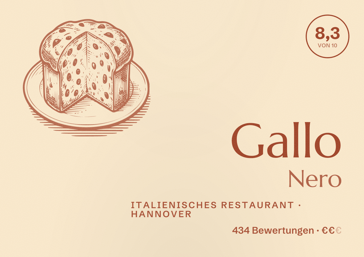 Illustriertes Poster von Gallo Nero, Italienisches Restaurant in Hannover: Bewertung 8,3 von 10 aus 434 Bewertungen, Preisniveau €€