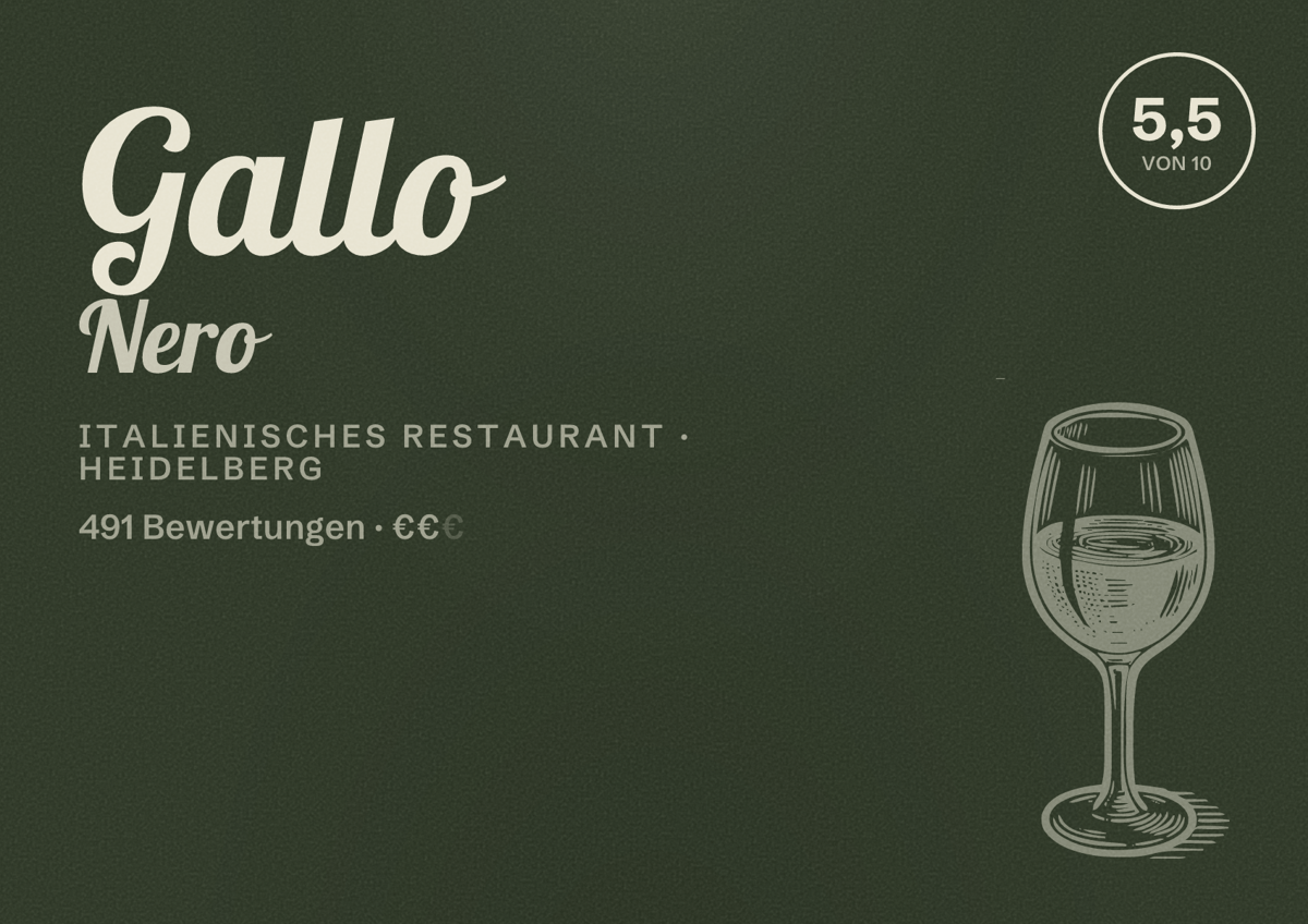 Illustriertes Poster von Gallo Nero, Italienisches Restaurant in Heidelberg: Bewertung 5,5 von 10 aus 491 Bewertungen, Preisniveau €€