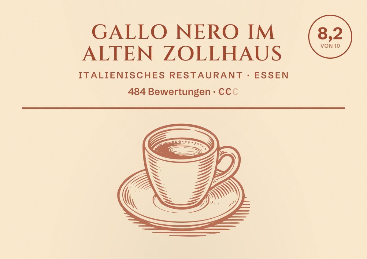Illustriertes Poster von Gallo Nero Im Alten Zollhaus, Italienisches Restaurant in Essen: Bewertung 8,2 von 10 aus 484 Bewertungen, Preisniveau €€