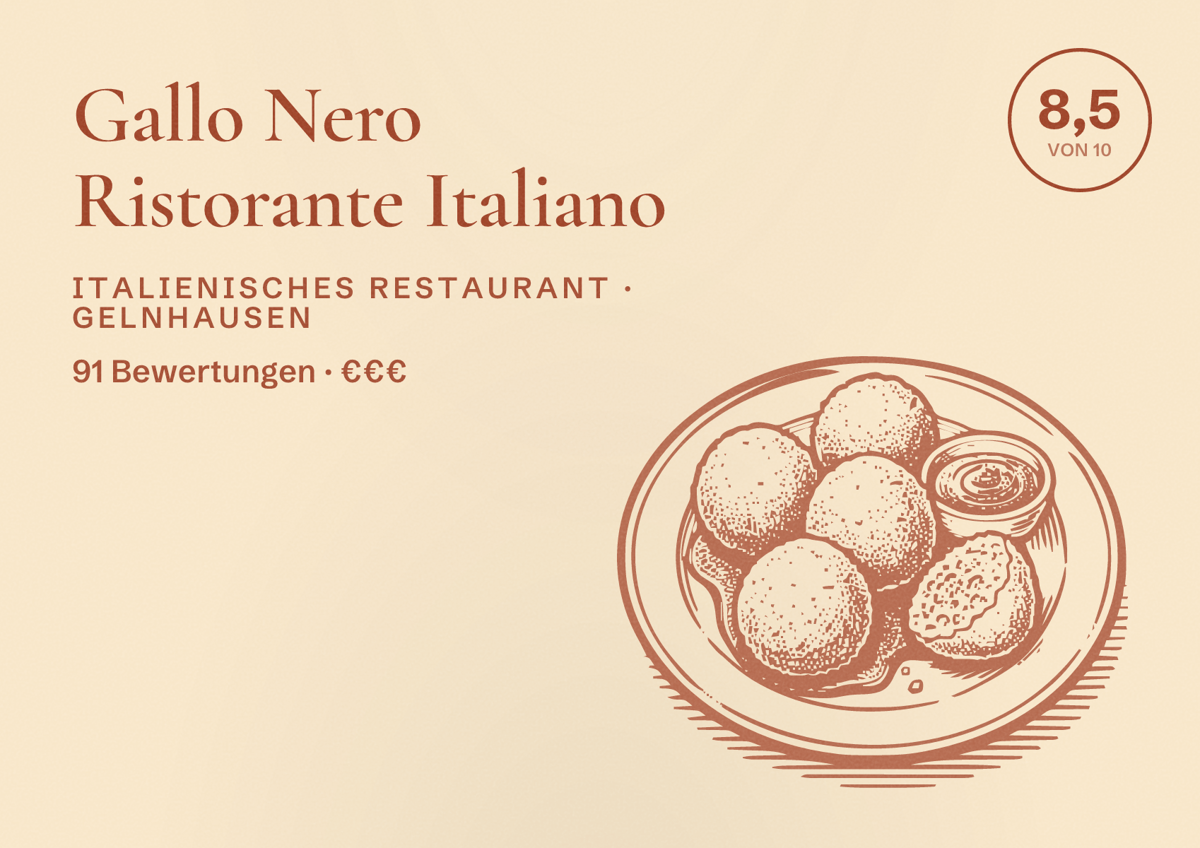 Illustriertes Poster von Gallo Nero Ristorante Italiano, Italienisches Restaurant in Gelnhausen: Bewertung 8,5 von 10 aus 91 Bewertungen, Preisniveau €€€