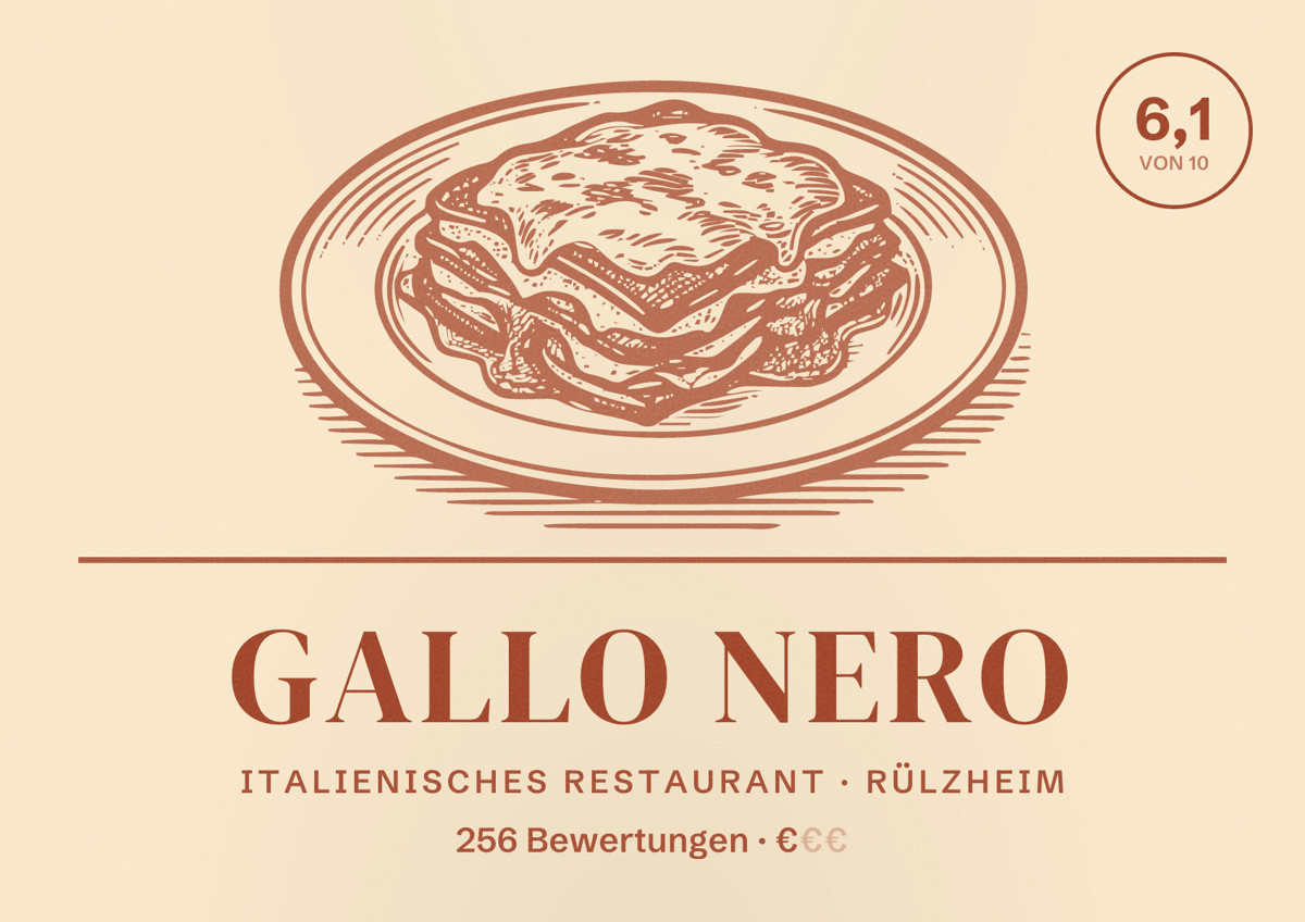 Illustriertes Poster von Gallo Nero, Italienisches Restaurant in Rülzheim: Bewertung 6,1 von 10 aus 256 Bewertungen, Preisniveau €