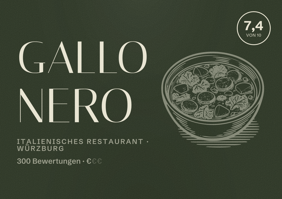 Illustriertes Poster von Gallo Nero, Italienisches Restaurant in Würzburg: Bewertung 7,4 von 10 aus 300 Bewertungen, Preisniveau €