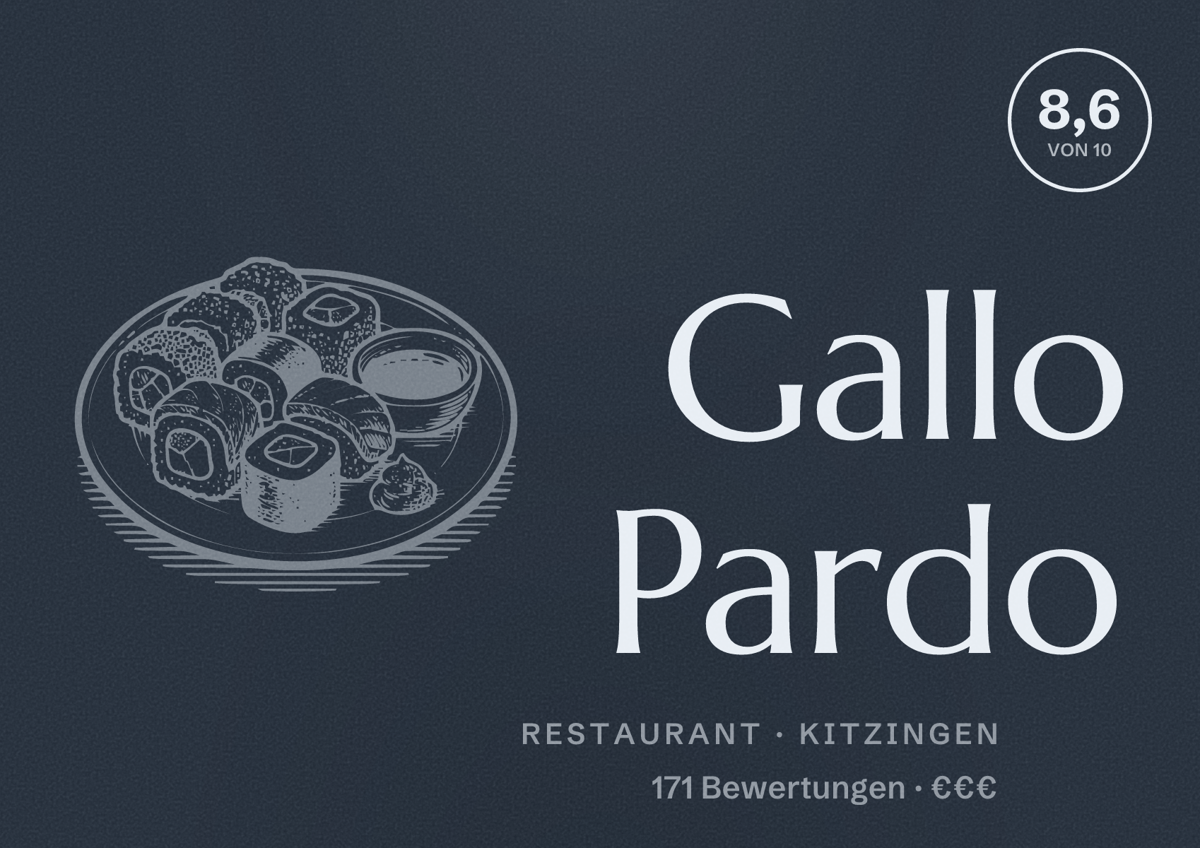 Illustriertes Poster von Gallo Pardo, Restaurant in Kitzingen: Bewertung 8,6 von 10 aus 171 Bewertungen, Preisniveau €€€