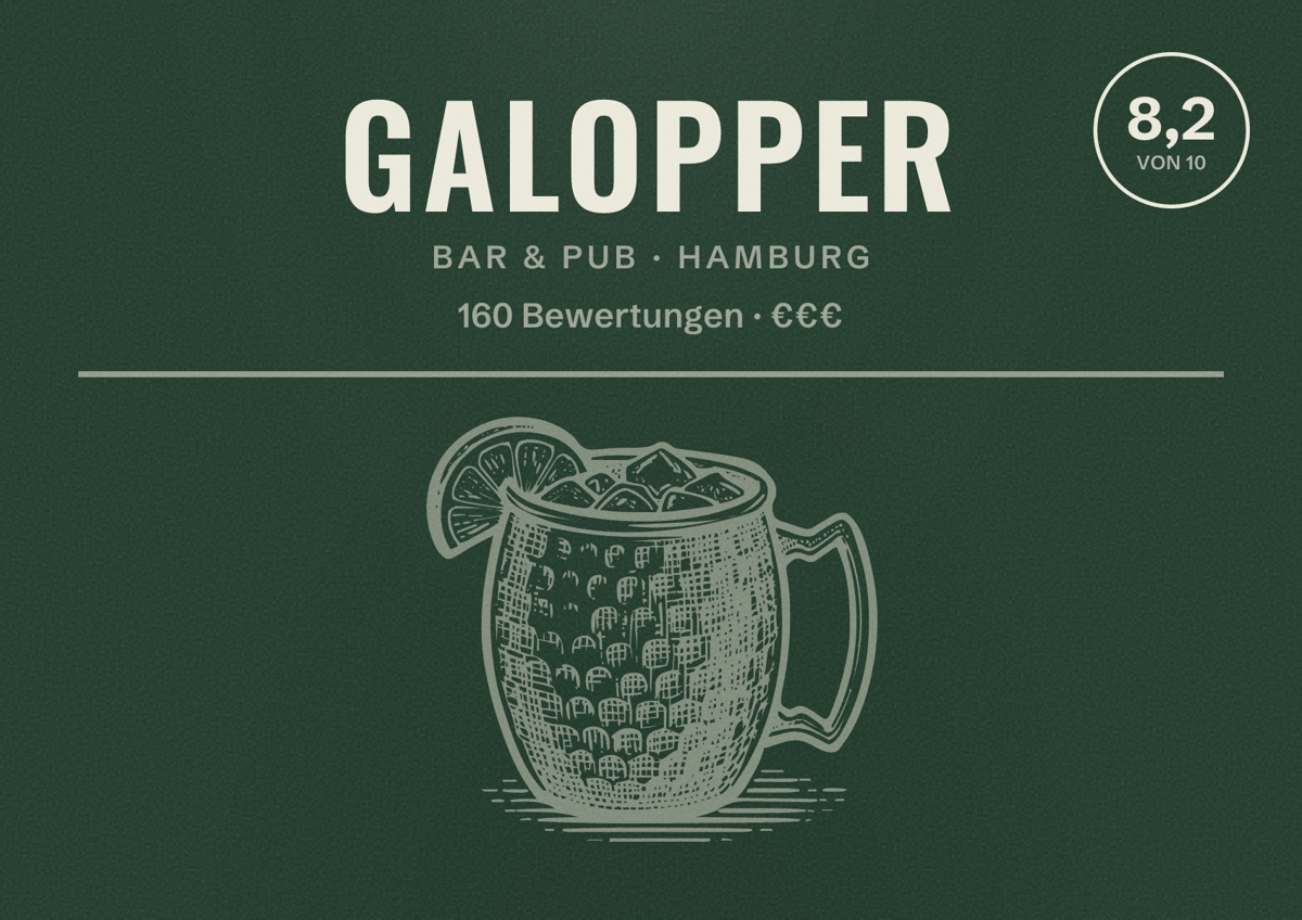 Illustriertes Poster von galopper, Bar & Pub in Hamburg: Bewertung 8,2 von 10 aus 160 Bewertungen, Preisniveau €€€