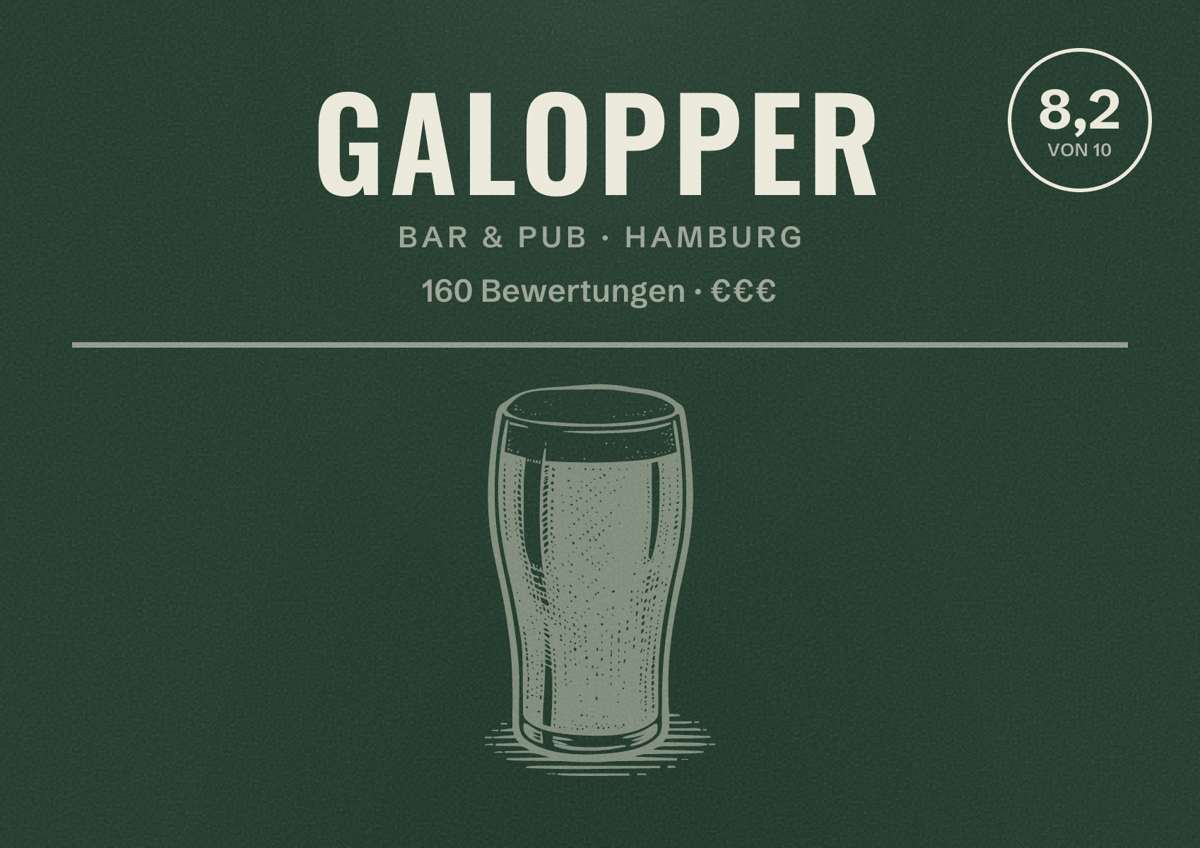Illustriertes Poster von galopper, Bar & Pub in Hamburg: Bewertung 8,2 von 10 aus 160 Bewertungen, Preisniveau €€€