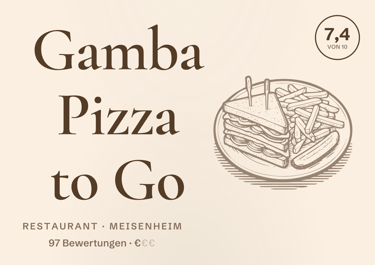 Illustriertes Poster von Gamba Pizza to Go, Restaurant in Meisenheim: Bewertung 7,4 von 10 aus 97 Bewertungen, Preisniveau €