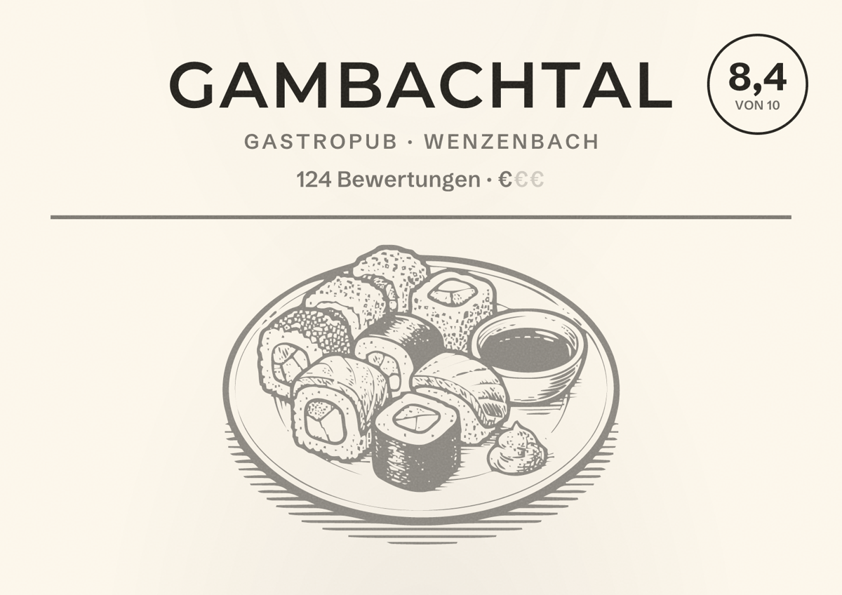 Illustriertes Poster von Gambachtal, Gastropub in Wenzenbach: Bewertung 8,4 von 10 aus 124 Bewertungen, Preisniveau €