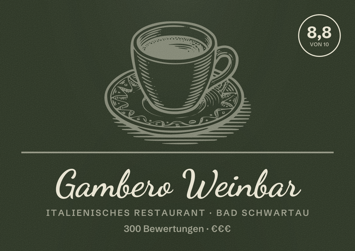 Illustriertes Poster von Gambero Weinbar, Italienisches Restaurant in Bad Schwartau: Bewertung 8,8 von 10 aus 300 Bewertungen, Preisniveau €€€