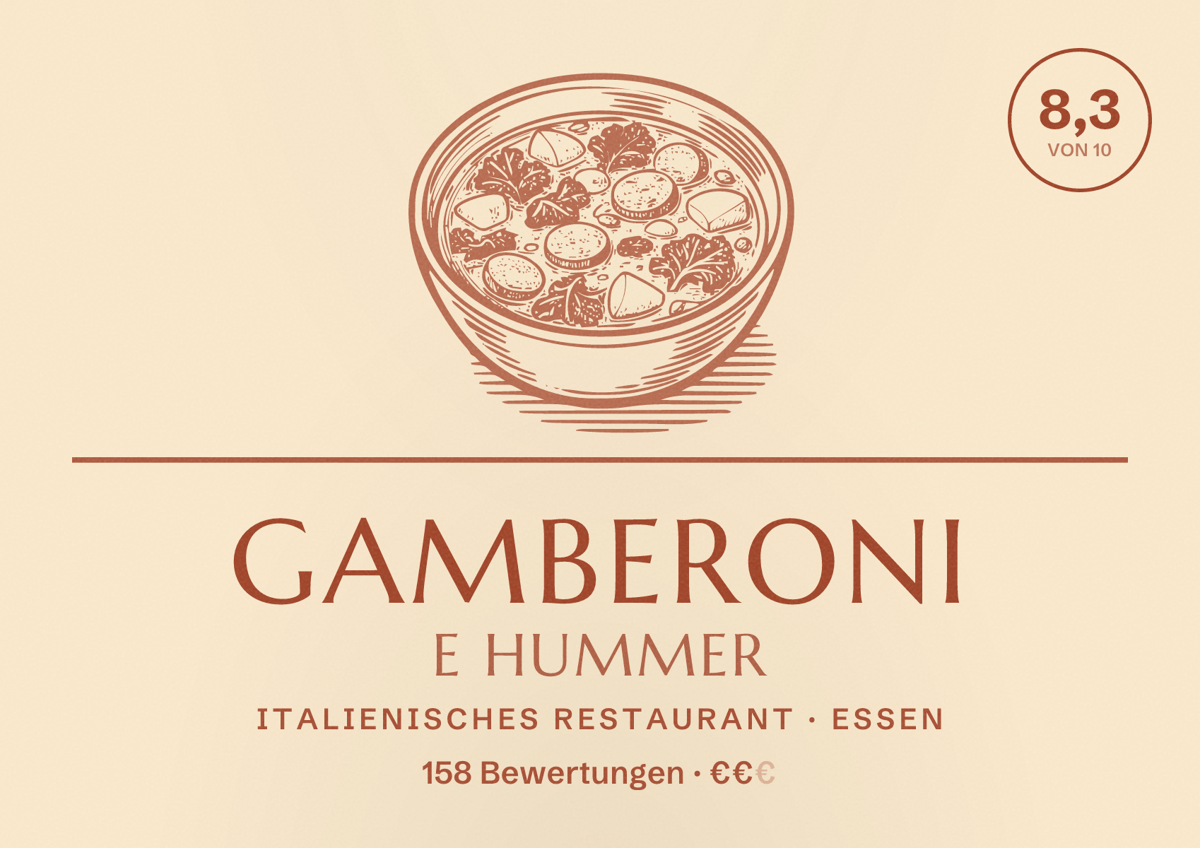 Illustriertes Poster von Gamberoni e Hummer, Italienisches Restaurant in Essen: Bewertung 8,3 von 10 aus 158 Bewertungen, Preisniveau €€