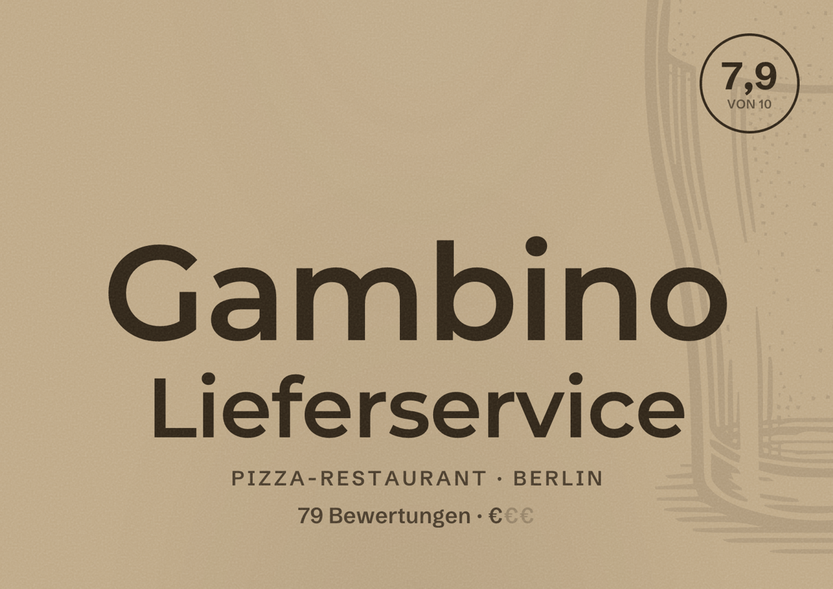Illustriertes Poster von Gambino Lieferservice, Pizza-Restaurant in Berlin: Bewertung 7,9 von 10 aus 79 Bewertungen, Preisniveau €