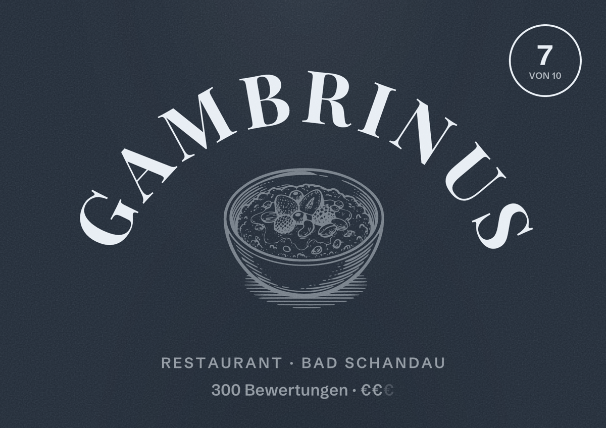 Illustriertes Poster von Gambrinus, Restaurant in Bad Schandau: Bewertung 7 von 10 aus 300 Bewertungen, Preisniveau €€
