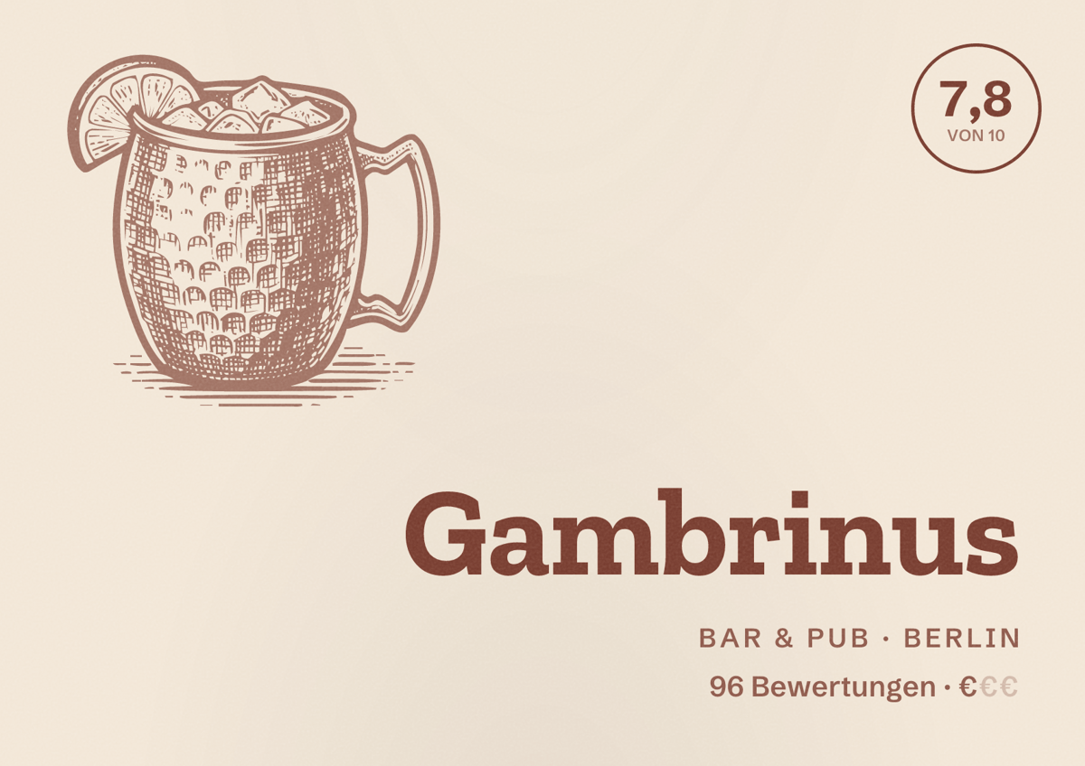 Illustriertes Poster von Gambrinus, Bar & Pub in Berlin: Bewertung 7,8 von 10 aus 96 Bewertungen, Preisniveau €
