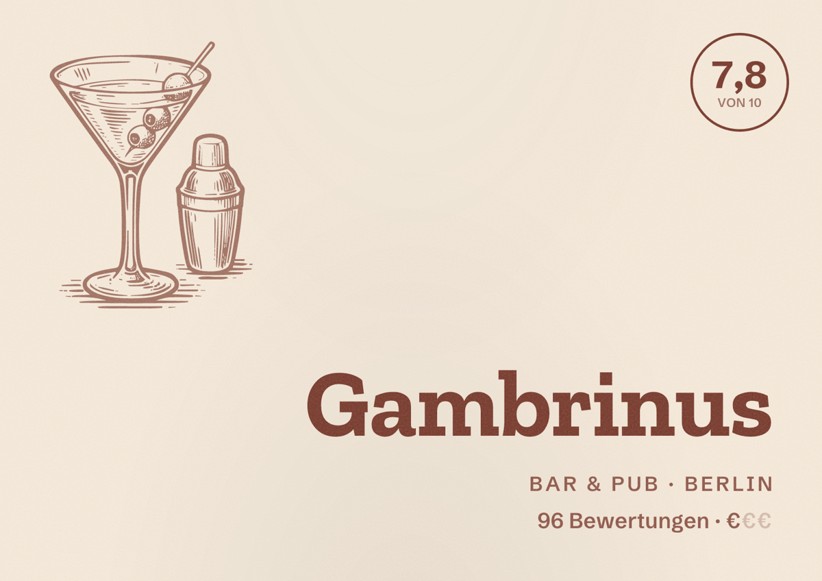 Illustriertes Poster von Gambrinus, Bar & Pub in Berlin: Bewertung 7,8 von 10 aus 96 Bewertungen, Preisniveau €