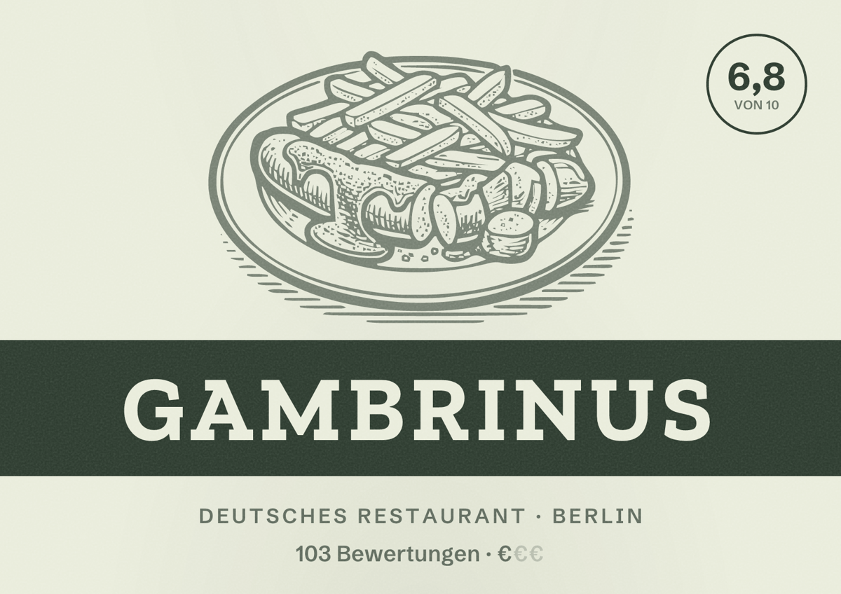Illustriertes Poster von Gambrinus, Deutsches Restaurant in Berlin: Bewertung 6,8 von 10 aus 103 Bewertungen, Preisniveau €