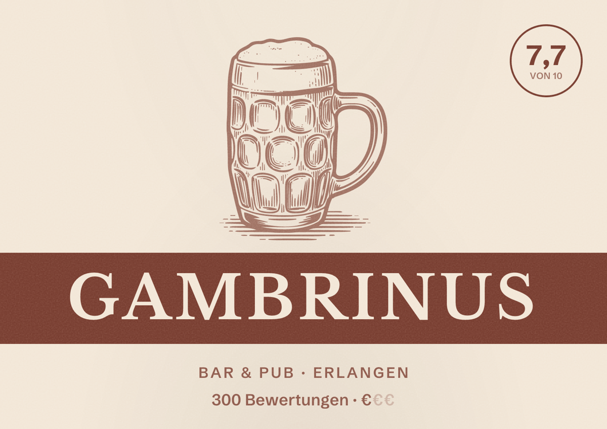 Illustriertes Poster von Gambrinus, Bar & Pub in Erlangen: Bewertung 7,7 von 10 aus 300 Bewertungen, Preisniveau €