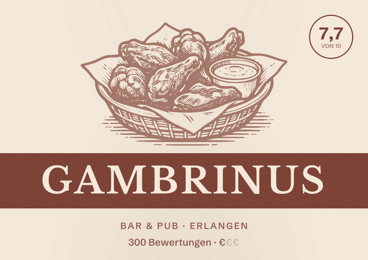 Illustriertes Poster von Gambrinus, Bar & Pub in Erlangen: Bewertung 7,7 von 10 aus 300 Bewertungen, Preisniveau €
