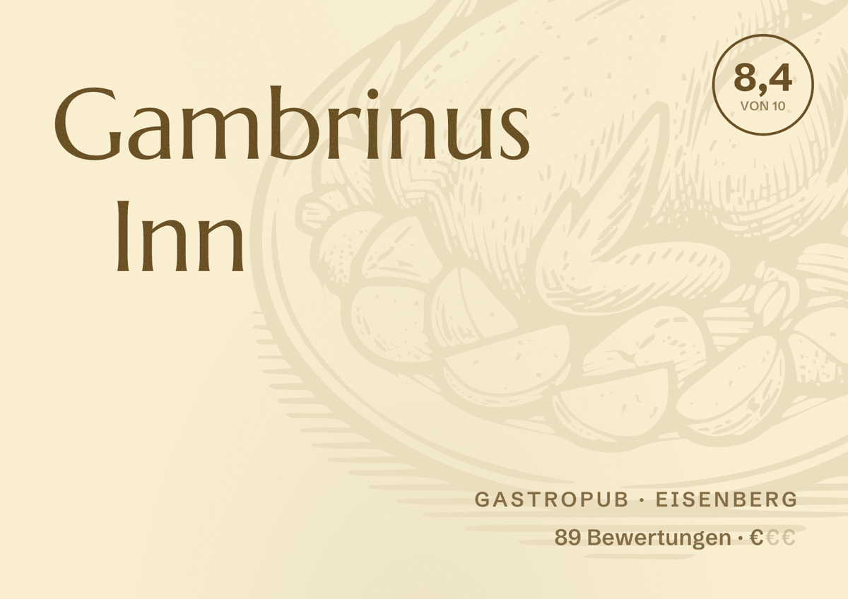 Illustriertes Poster von Gambrinus Inn, Gastropub in Eisenberg: Bewertung 8,4 von 10 aus 89 Bewertungen, Preisniveau €
