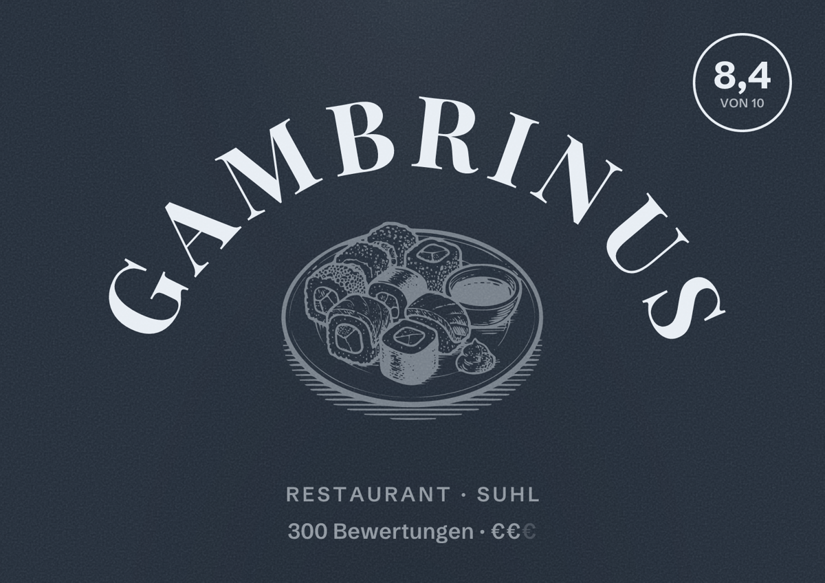 Illustriertes Poster von Gambrinus, Restaurant in Suhl: Bewertung 8,4 von 10 aus 300 Bewertungen, Preisniveau €€