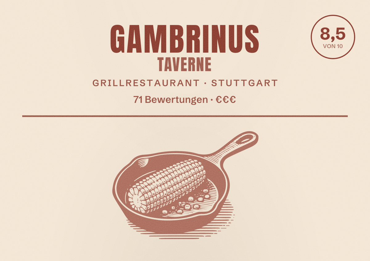 Illustriertes Poster von Gambrinus Taverne, Grillrestaurant in Stuttgart: Bewertung 8,5 von 10 aus 71 Bewertungen, Preisniveau €€€