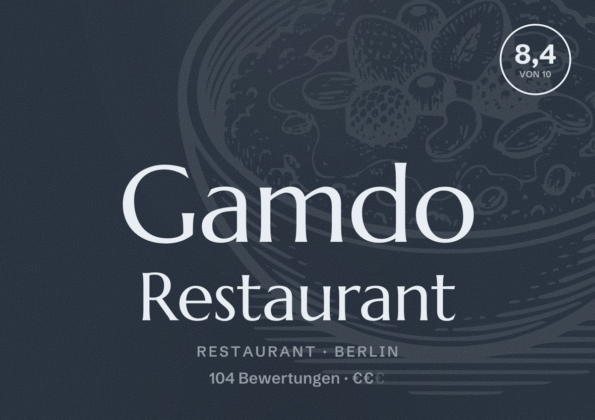 Illustriertes Poster von Gamdo Restaurant, Restaurant in Berlin: Bewertung 8,4 von 10 aus 104 Bewertungen, Preisniveau €€