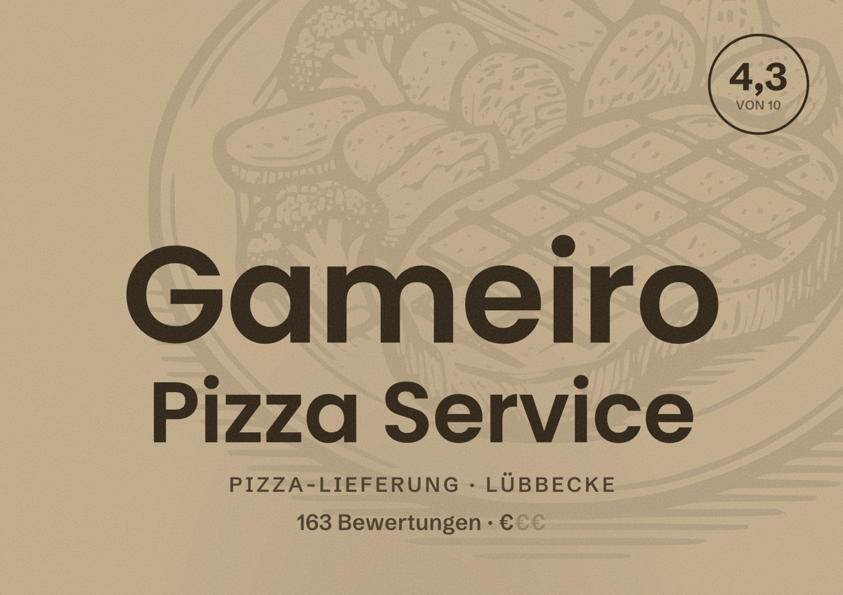 Illustriertes Poster von Gameiro Pizza Service, Pizza-Lieferung in Lübbecke: Bewertung 4,3 von 10 aus 163 Bewertungen, Preisniveau €