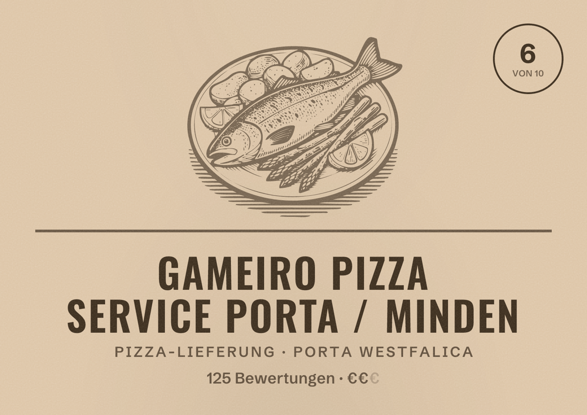 Illustriertes Poster von Gameiro Pizza Service Porta / Minden, Pizza-Lieferung in Porta Westfalica: Bewertung 6 von 10 aus 125 Bewertungen, Preisniveau €€