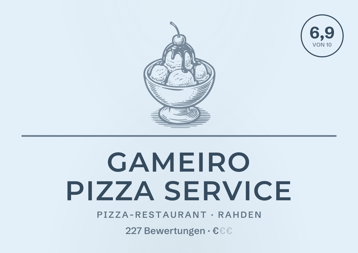 Illustriertes Poster von Gameiro Pizza Service, Pizza-Restaurant in Rahden: Bewertung 6,9 von 10 aus 227 Bewertungen, Preisniveau €