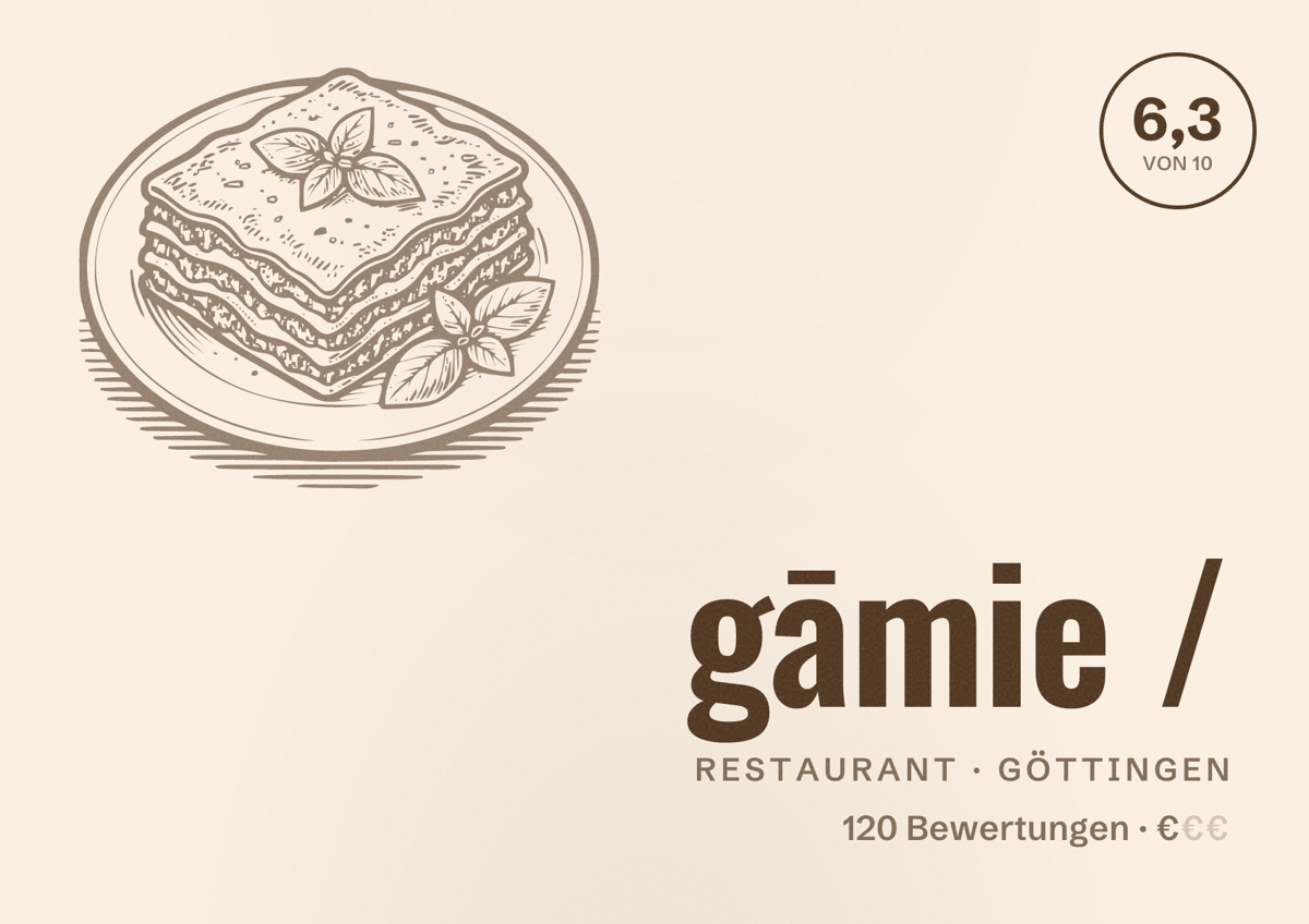 Illustriertes Poster von gāmie /, Restaurant in Göttingen: Bewertung 6,3 von 10 aus 120 Bewertungen, Preisniveau €