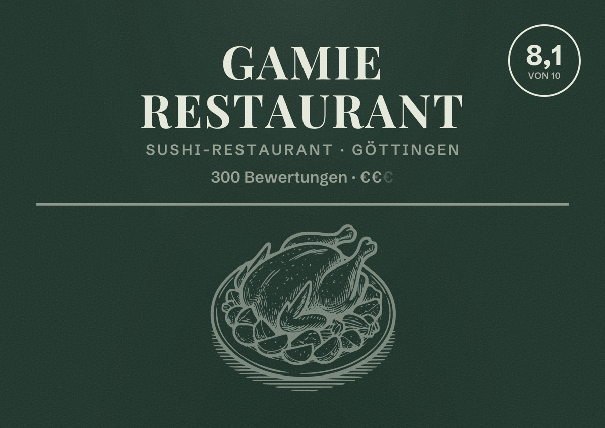 Illustriertes Poster von Gamie Restaurant, Sushi-Restaurant in Göttingen: Bewertung 8,1 von 10 aus 300 Bewertungen, Preisniveau €€
