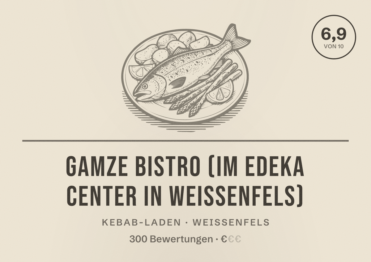 Illustriertes Poster von GAMZE BISTRO (im Edeka Center in Weißenfels), Kebab-Laden in Weißenfels: Bewertung 6,9 von 10 aus 300 Bewertungen, Preisniveau €