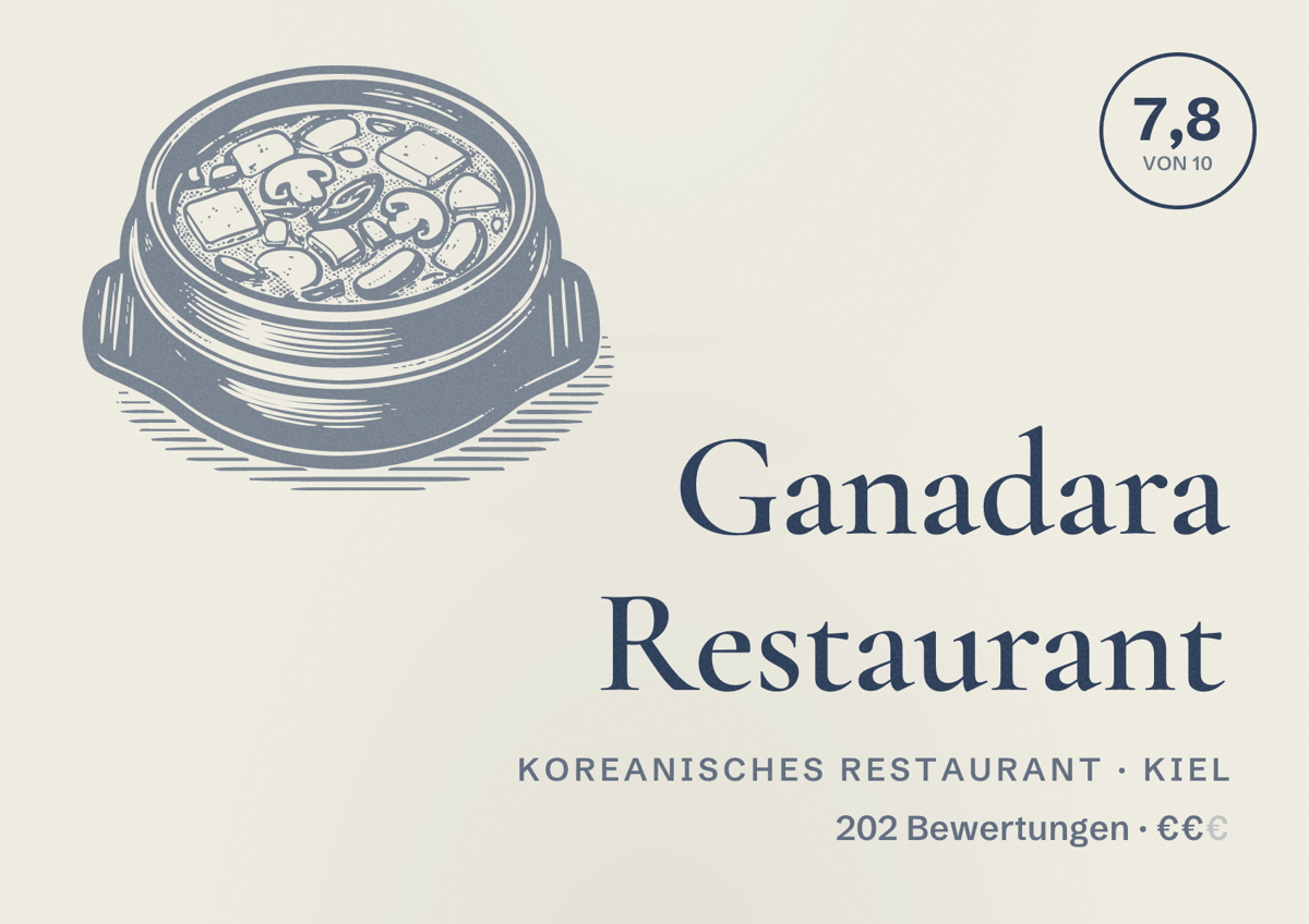 Illustriertes Poster von Ganadara Restaurant, Koreanisches Restaurant in Kiel: Bewertung 7,8 von 10 aus 202 Bewertungen, Preisniveau €€