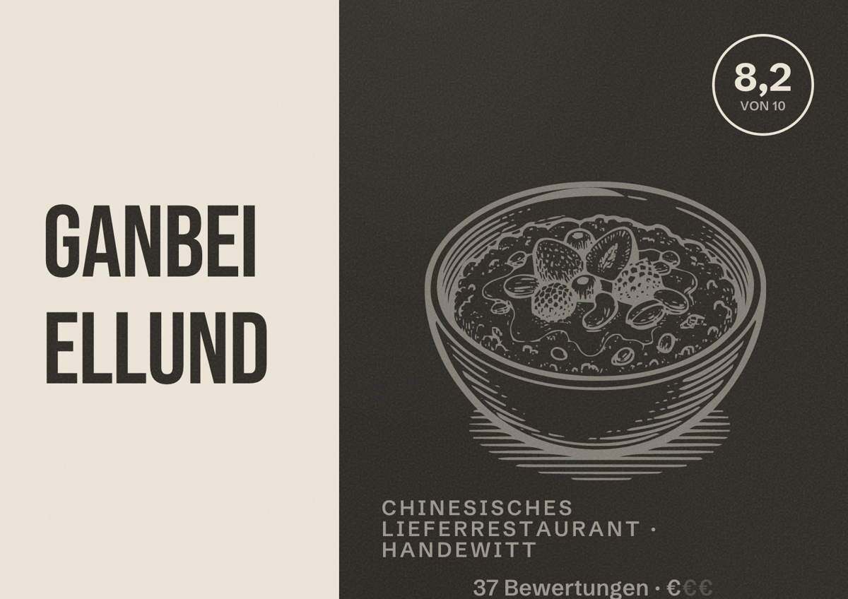 Illustriertes Poster von GanBei Ellund, Chinesisches Lieferrestaurant in Handewitt: Bewertung 8,2 von 10 aus 37 Bewertungen, Preisniveau €