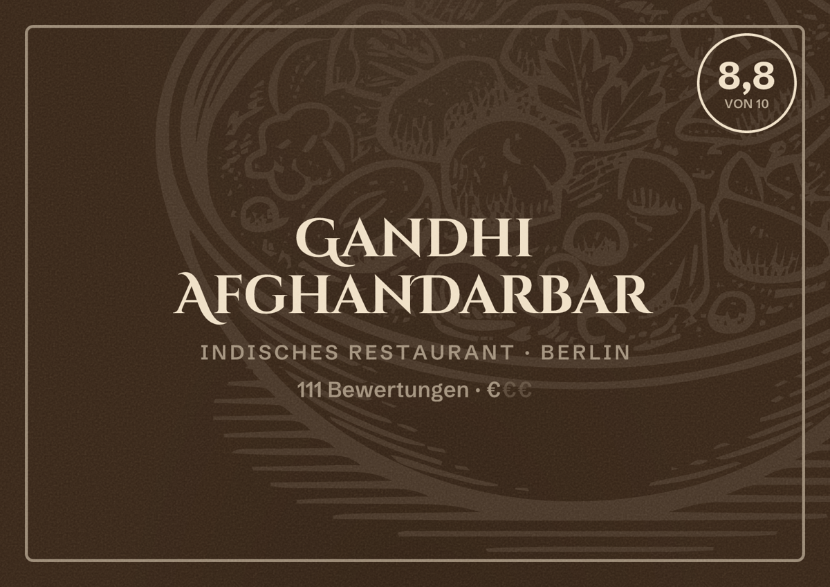 Illustriertes Poster von Gandhi AfghanDarbar, Indisches Restaurant in Berlin: Bewertung 8,8 von 10 aus 111 Bewertungen, Preisniveau €
