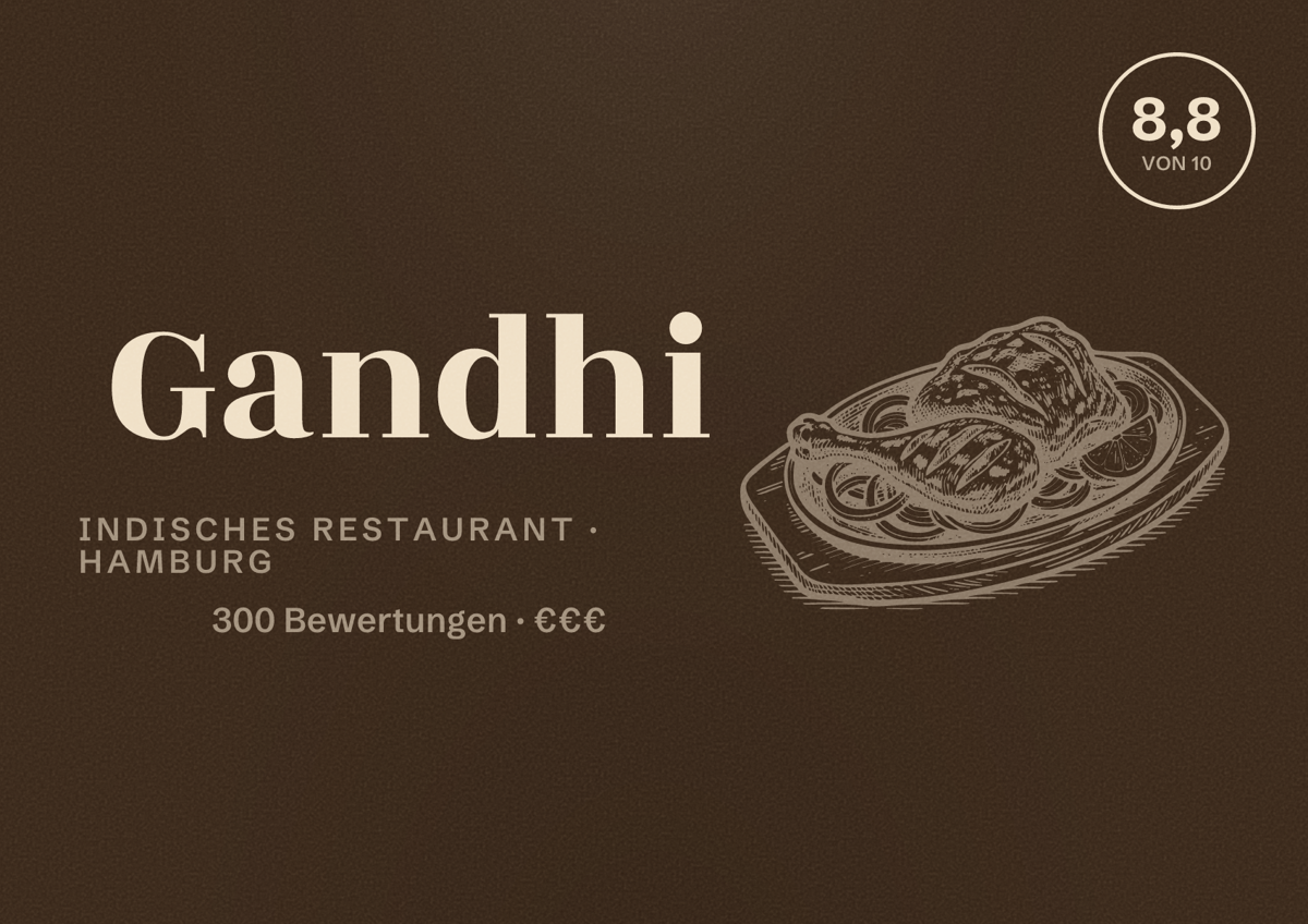 Illustriertes Poster von Gandhi, Indisches Restaurant in Hamburg: Bewertung 8,8 von 10 aus 300 Bewertungen, Preisniveau €€€