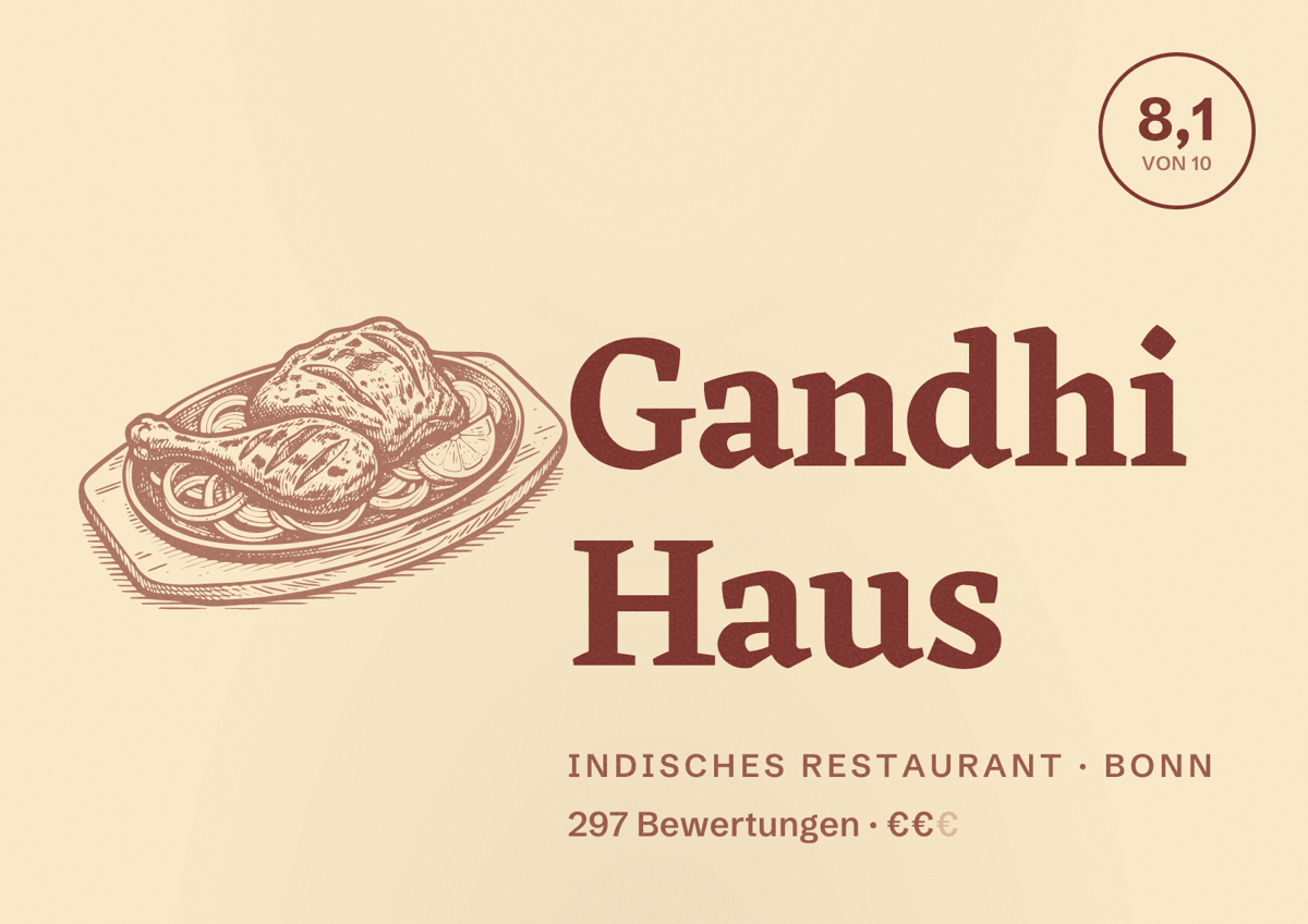 Illustriertes Poster von Gandhi Haus, Indisches Restaurant in Bonn: Bewertung 8,1 von 10 aus 297 Bewertungen, Preisniveau €€