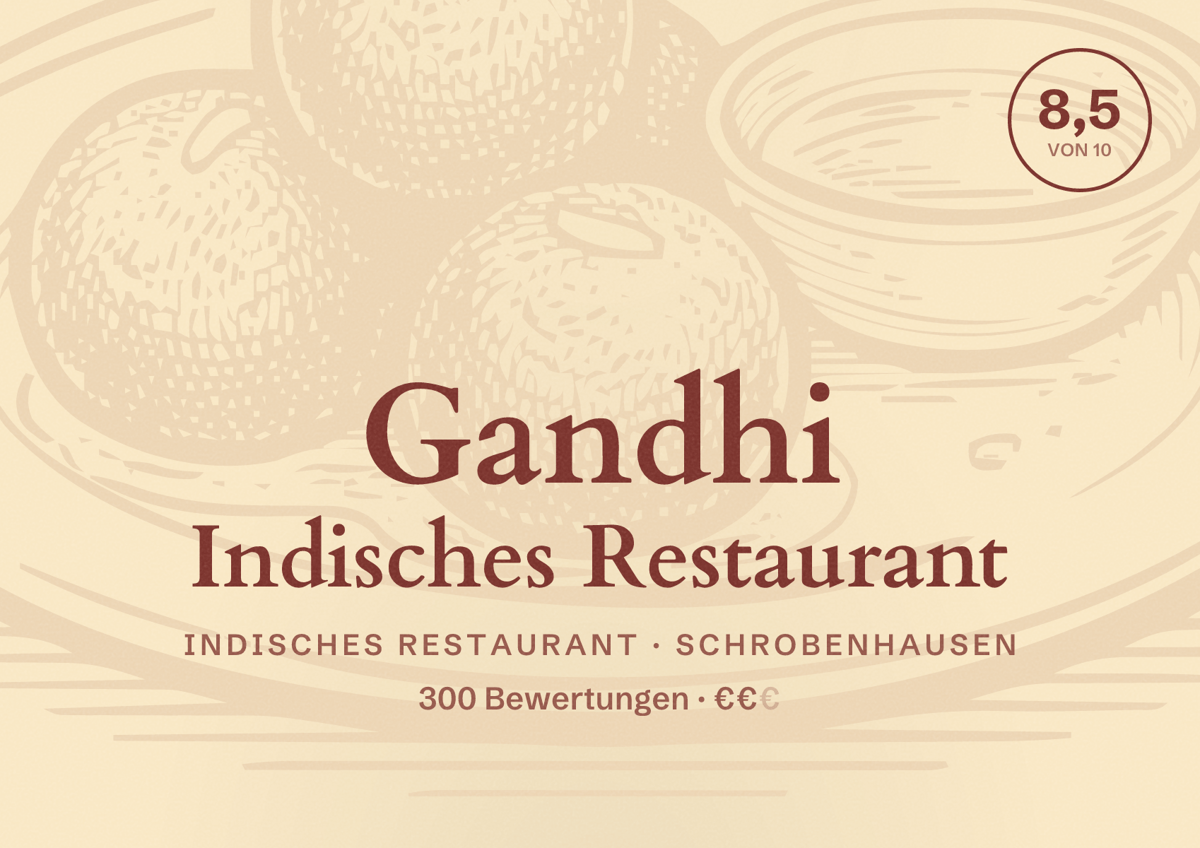 Illustriertes Poster von Gandhi Indisches Restaurant, Indisches Restaurant in Schrobenhausen: Bewertung 8,5 von 10 aus 300 Bewertungen, Preisniveau €€