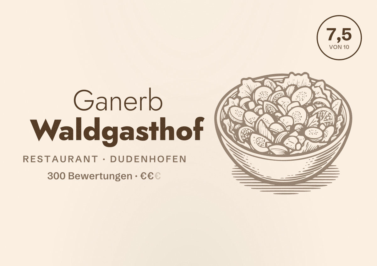 Illustriertes Poster von Ganerb Waldgasthof, Restaurant in Dudenhofen: Bewertung 7,5 von 10 aus 300 Bewertungen, Preisniveau €€