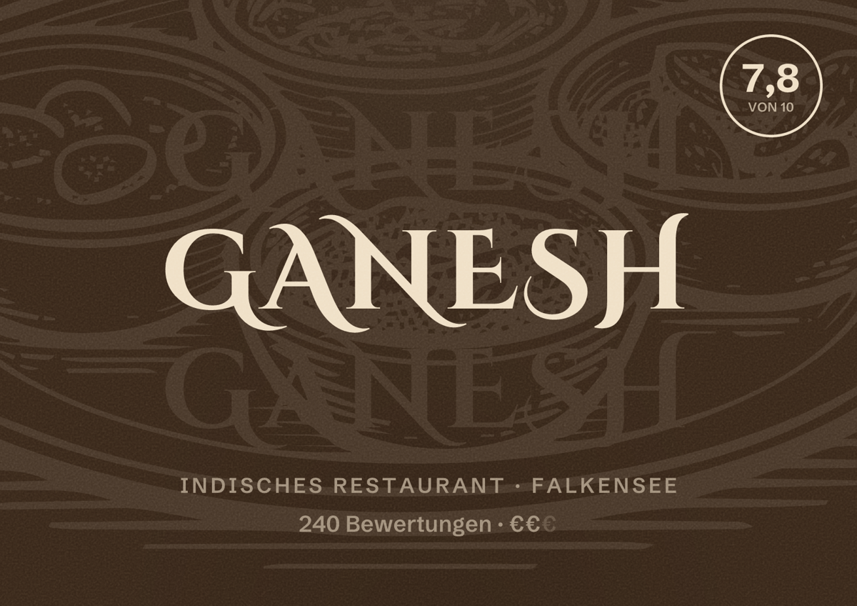 Illustriertes Poster von Ganesh, Indisches Restaurant in Falkensee: Bewertung 7,8 von 10 aus 240 Bewertungen, Preisniveau €€