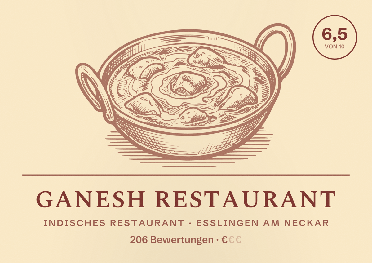Illustriertes Poster von Ganesh Restaurant, Indisches Restaurant in Esslingen am Neckar: Bewertung 6,5 von 10 aus 206 Bewertungen, Preisniveau €
