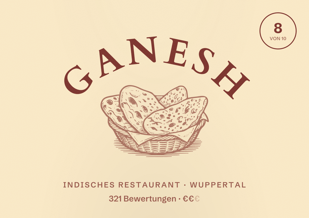 Illustriertes Poster von Ganesh, Indisches Restaurant in Wuppertal: Bewertung 8 von 10 aus 321 Bewertungen, Preisniveau €€
