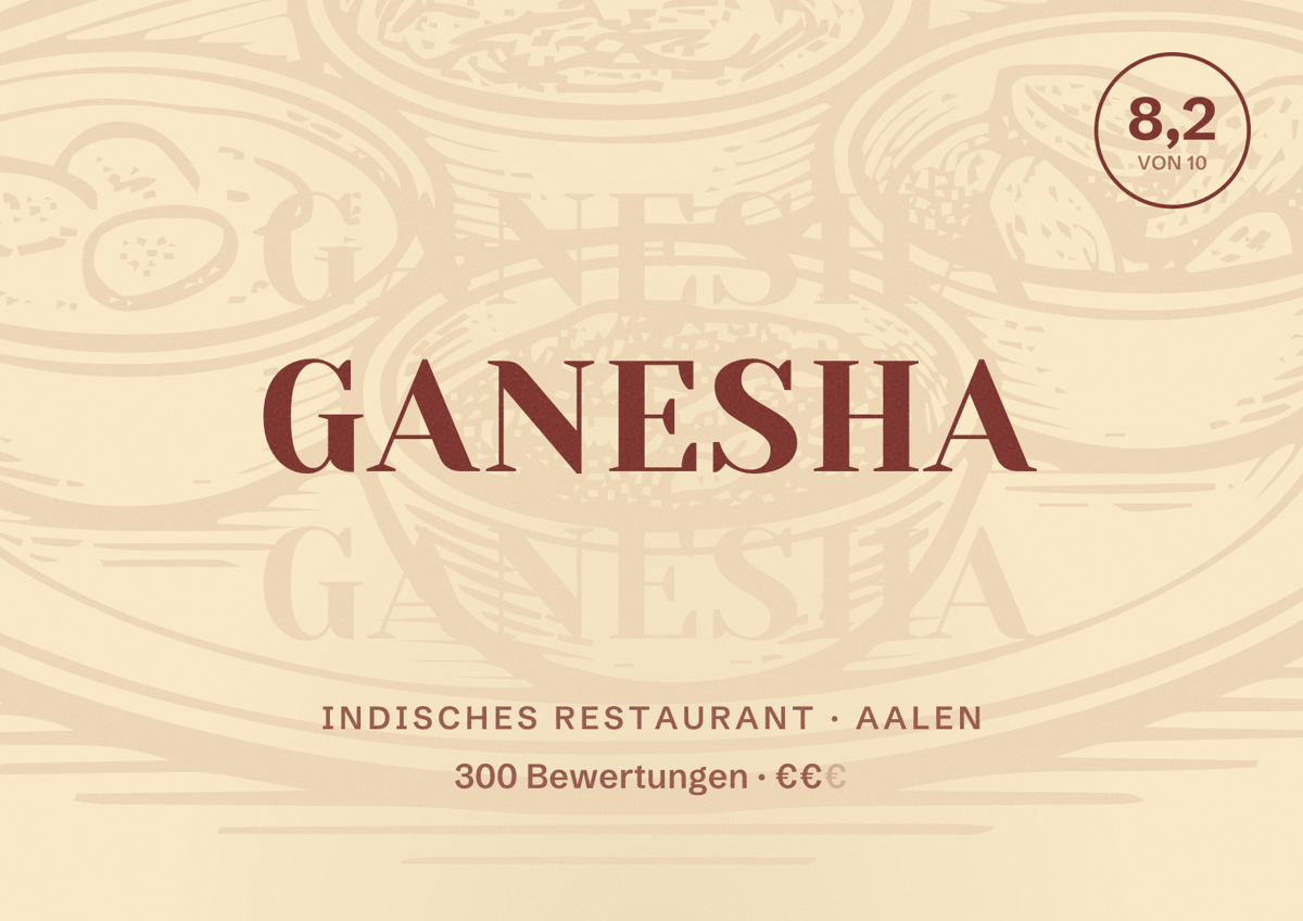 Illustriertes Poster von Ganesha, Indisches Restaurant in Aalen: Bewertung 8,2 von 10 aus 300 Bewertungen, Preisniveau €€