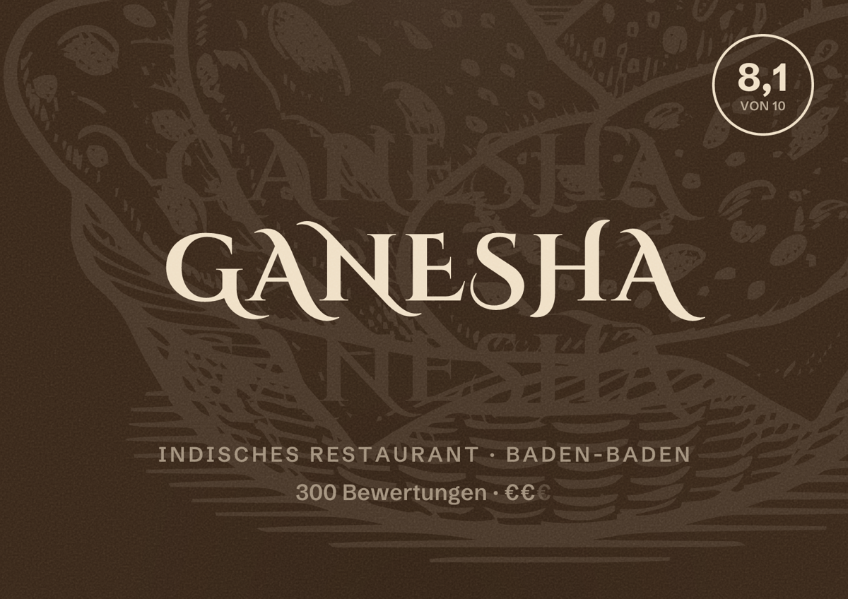 Illustriertes Poster von Ganesha, Indisches Restaurant in Baden-Baden: Bewertung 8,1 von 10 aus 300 Bewertungen, Preisniveau €€