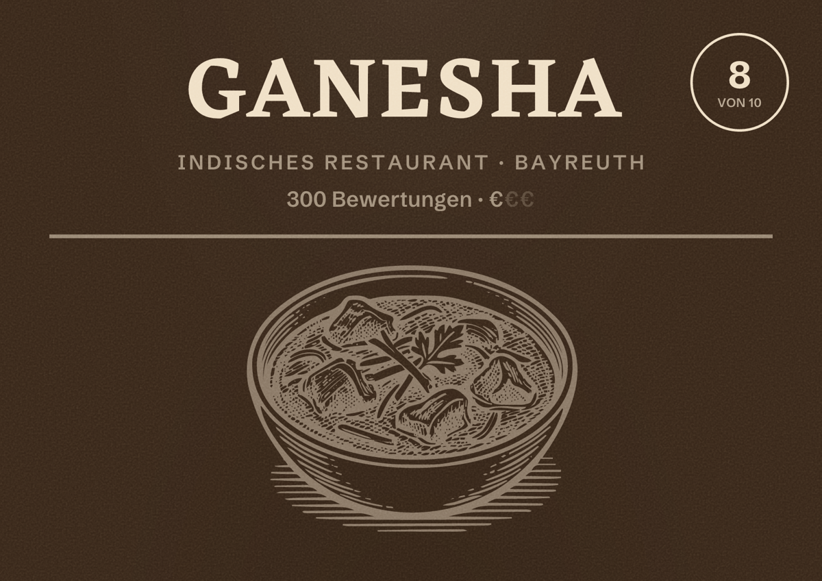 Illustriertes Poster von Ganesha, Indisches Restaurant in Bayreuth: Bewertung 8 von 10 aus 300 Bewertungen, Preisniveau €