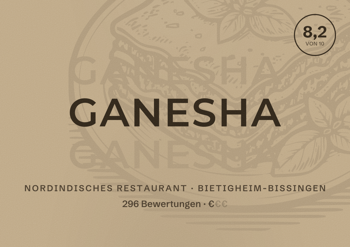 Illustriertes Poster von Ganesha, Nordindisches Restaurant in Bietigheim-Bissingen: Bewertung 8,2 von 10 aus 296 Bewertungen, Preisniveau €