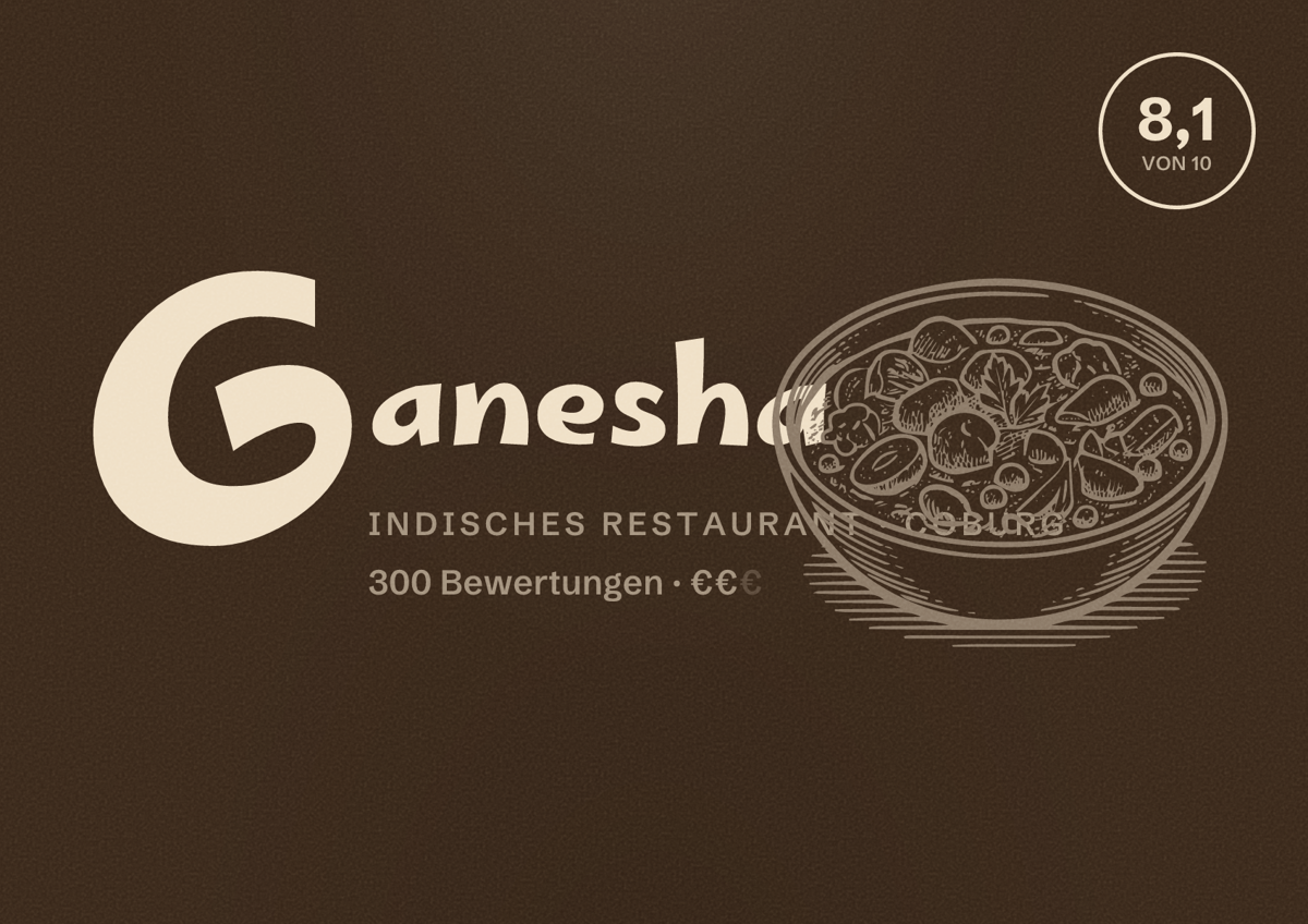 Illustriertes Poster von Ganesha, Indisches Restaurant in Coburg: Bewertung 8,1 von 10 aus 300 Bewertungen, Preisniveau €€