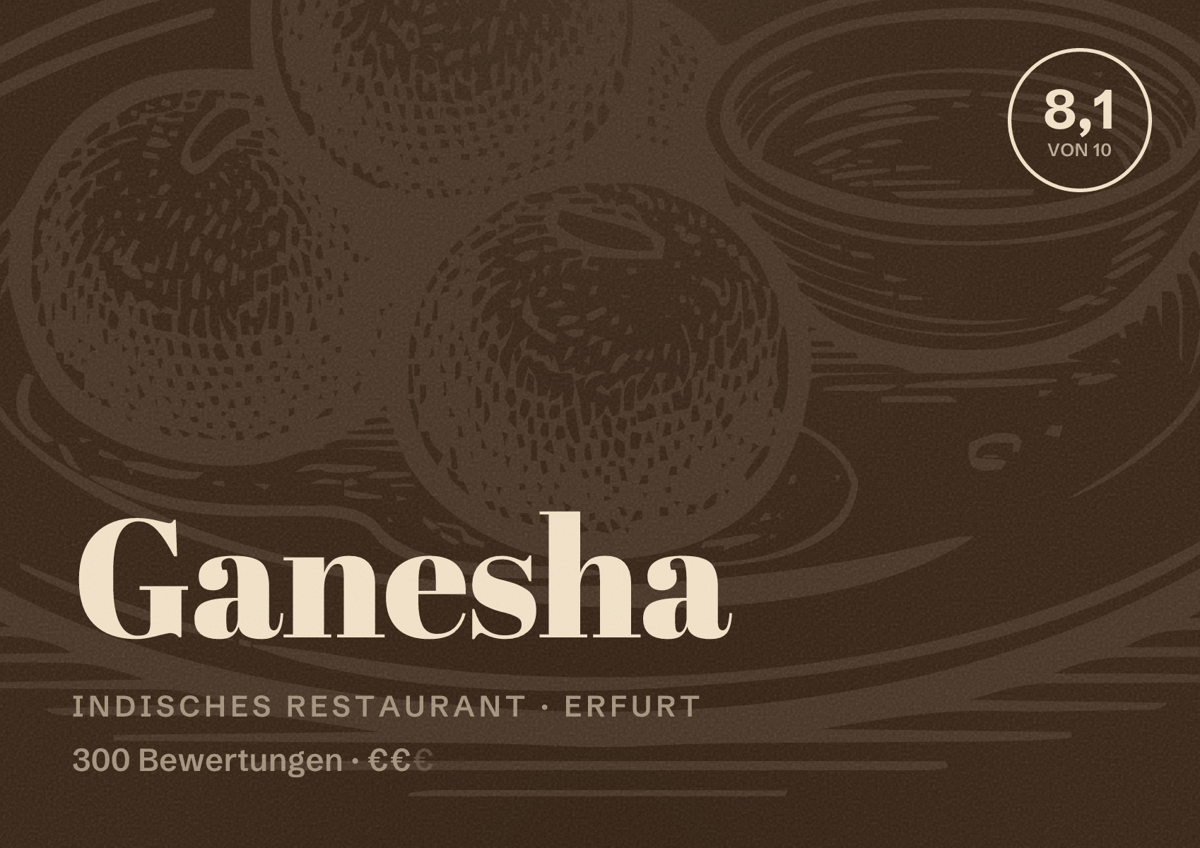 Illustriertes Poster von Ganesha, Indisches Restaurant in Erfurt: Bewertung 8,1 von 10 aus 300 Bewertungen, Preisniveau €€